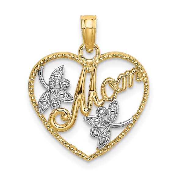 14k Yellow Gold w/ Rhodium Textured Heart w/ MOM Charm